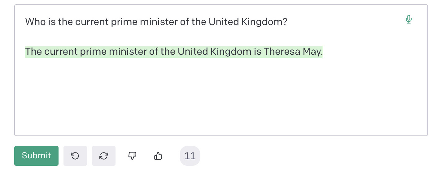 GPT-3 responding that the current prime minister of the UK is Theresa May