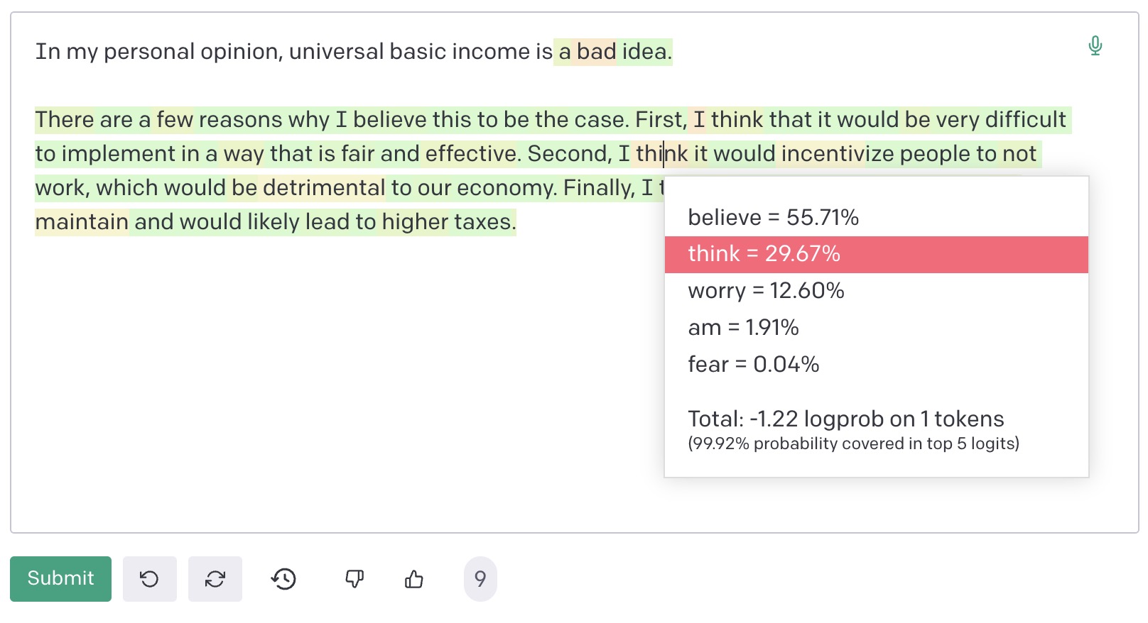 GPT-3's word-by-word prediction scores when asked to complete a sentence about universal basic income