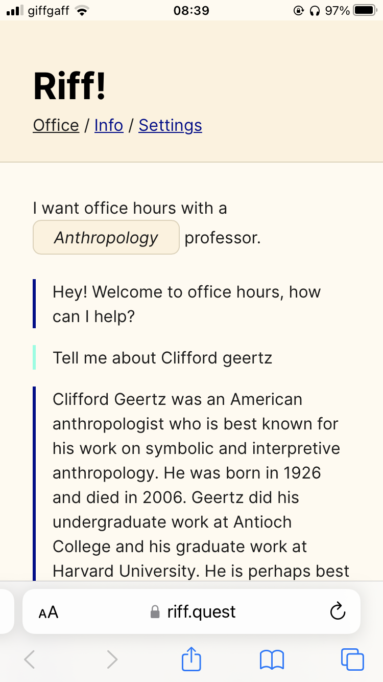 Asking Riff to answer as if it's a professor of anthropology