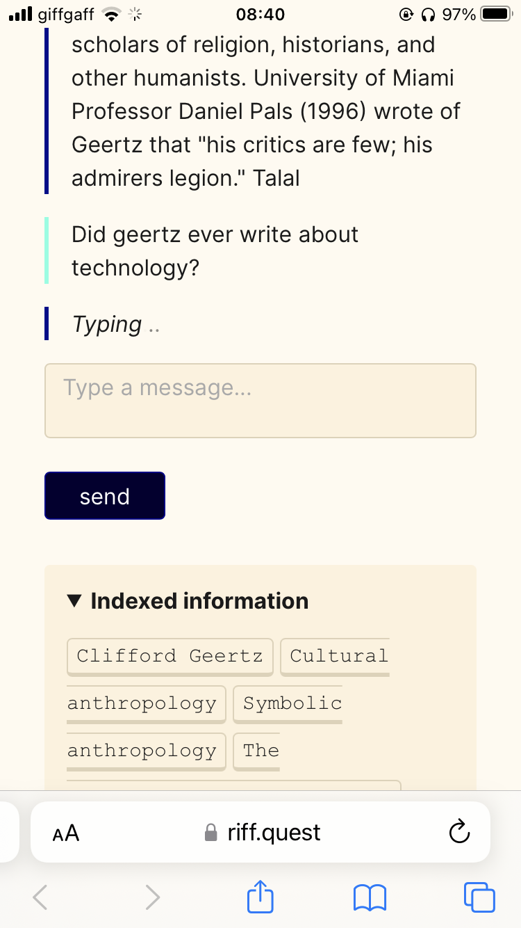 Asking Riff questions about the anthropologist Clifford Geertz